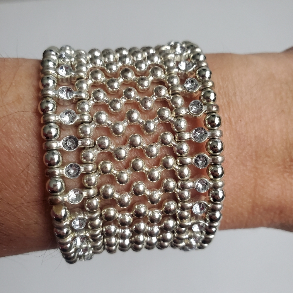 Beaded & Rhinestones Wide Stretch Bracelet silver tone intricate woven design
